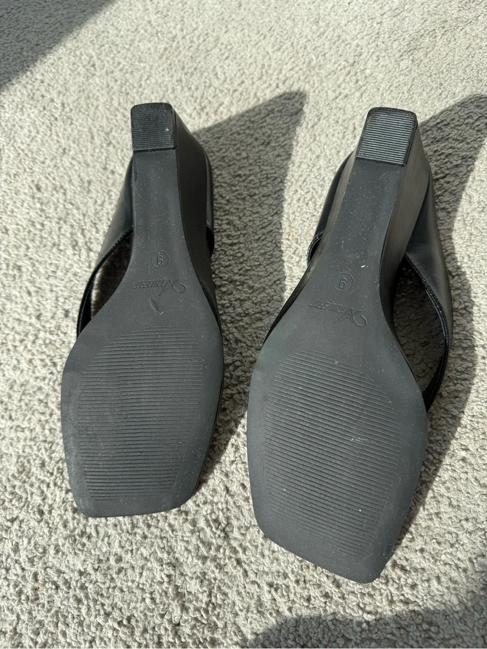 Black Leather Thong Heels with Square Toe - Women's